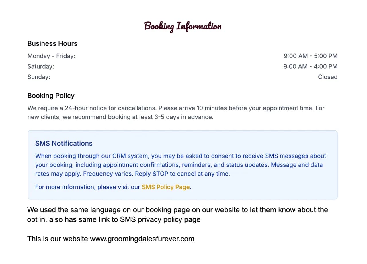 Website booking page showing SMS notifications section with consent information and link to SMS policy