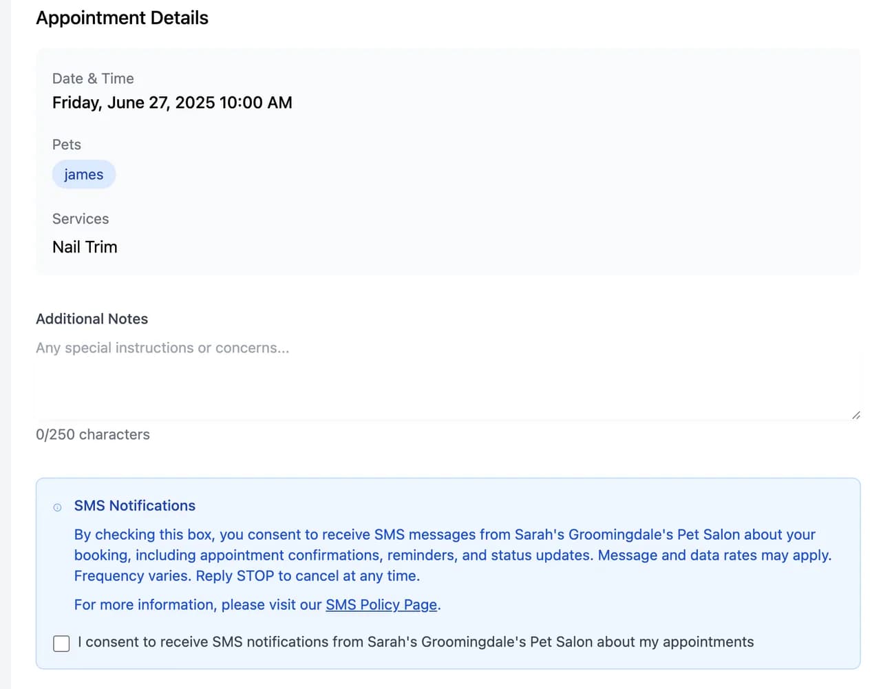 Booking form showing SMS notifications checkbox with consent language and policy link